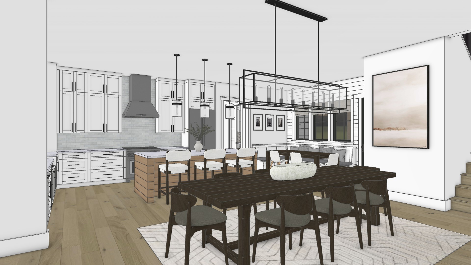 Triple-Tree_Kitchen_Dining_before 3D render of custom modern farmhouse kitchen and dining design by Foxtail Plan Co., visualizing the space before construction.