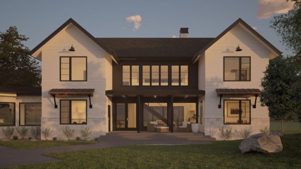 3D Rendering of the exterior of a modern farmhouse home design from Foxtail Plan Co.